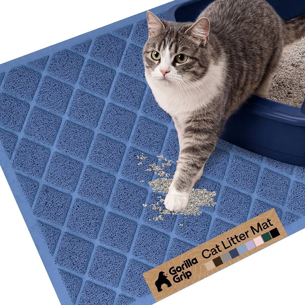 image:imageGORILLA GRIP Cat Litter Box Mat Cushioned Coil Mesh Litter Trapping Mats Scatter Control Supplies for Less Mess Phthalate Free Ultra Deep Catch Grooves Rinse or Vacuum to Clean 24x17 GrayNavy