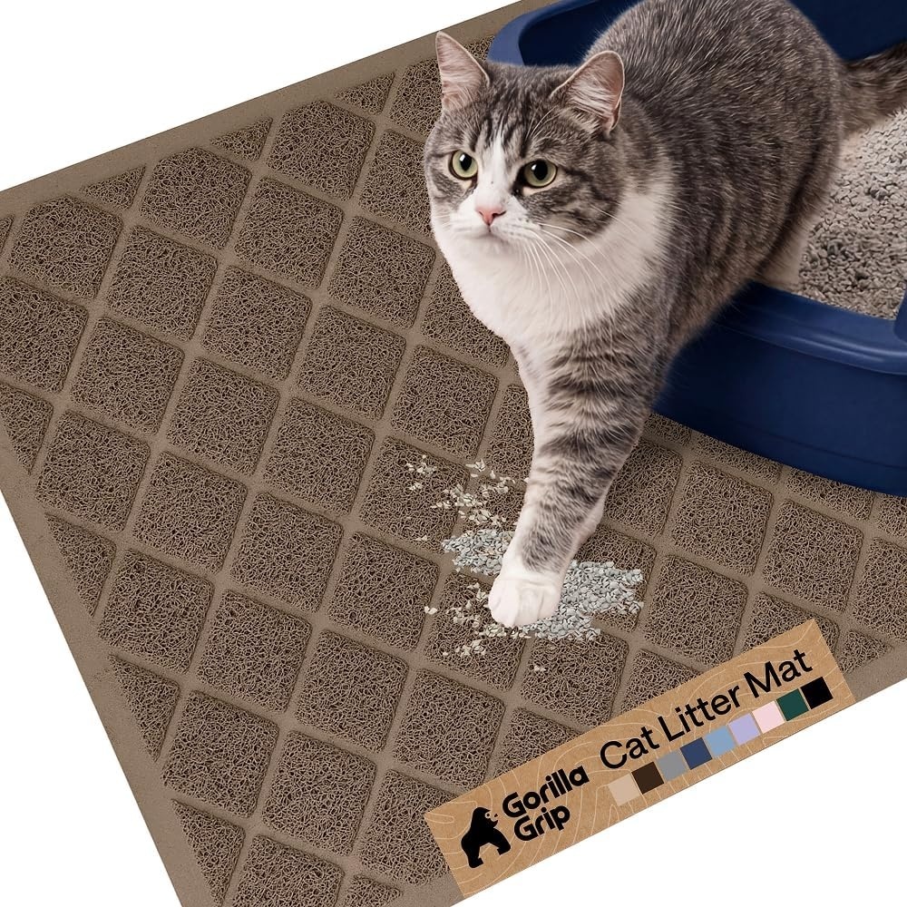 image:imageGORILLA GRIP Cat Litter Box Mat Cushioned Coil Mesh Litter Trapping Mats Scatter Control Supplies for Less Mess Phthalate Free Ultra Deep Catch Grooves Rinse or Vacuum to Clean 24x17 GrayBrown