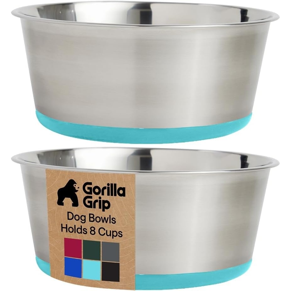 image:imageGORILLA GRIP Dog Bowls Food Grade 304 Stainless Steel Holds 2 Cups Each 16 fl oz Food and Water Bowl for Feeding Dogs and Cats Dishwasher Safe Rust Resistant BPA Free Rubber Base Set of 2 BlackTurquoise