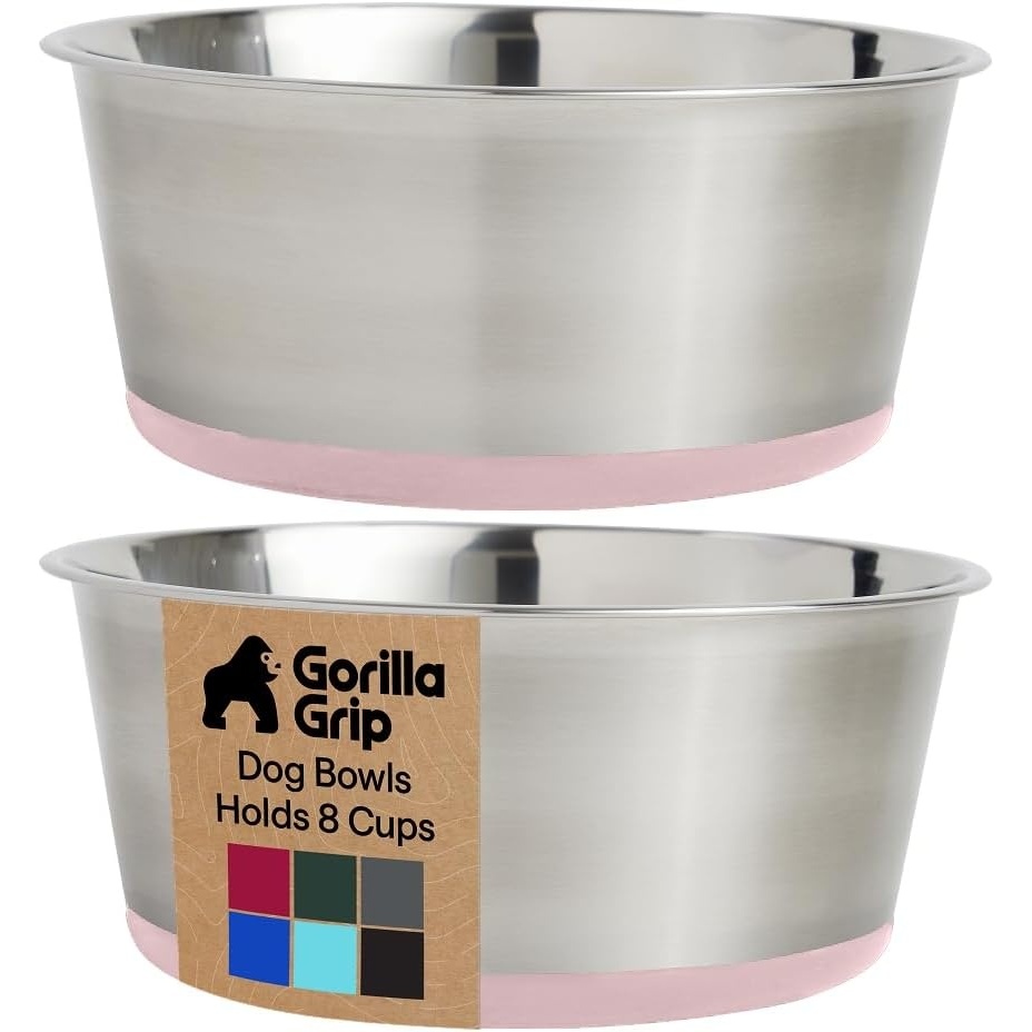 image:imageGORILLA GRIP Dog Bowls Food Grade 304 Stainless Steel Holds 2 Cups Each 16 fl oz Food and Water Bowl for Feeding Dogs and Cats Dishwasher Safe Rust Resistant BPA Free Rubber Base Set of 2 BlackLight Pink