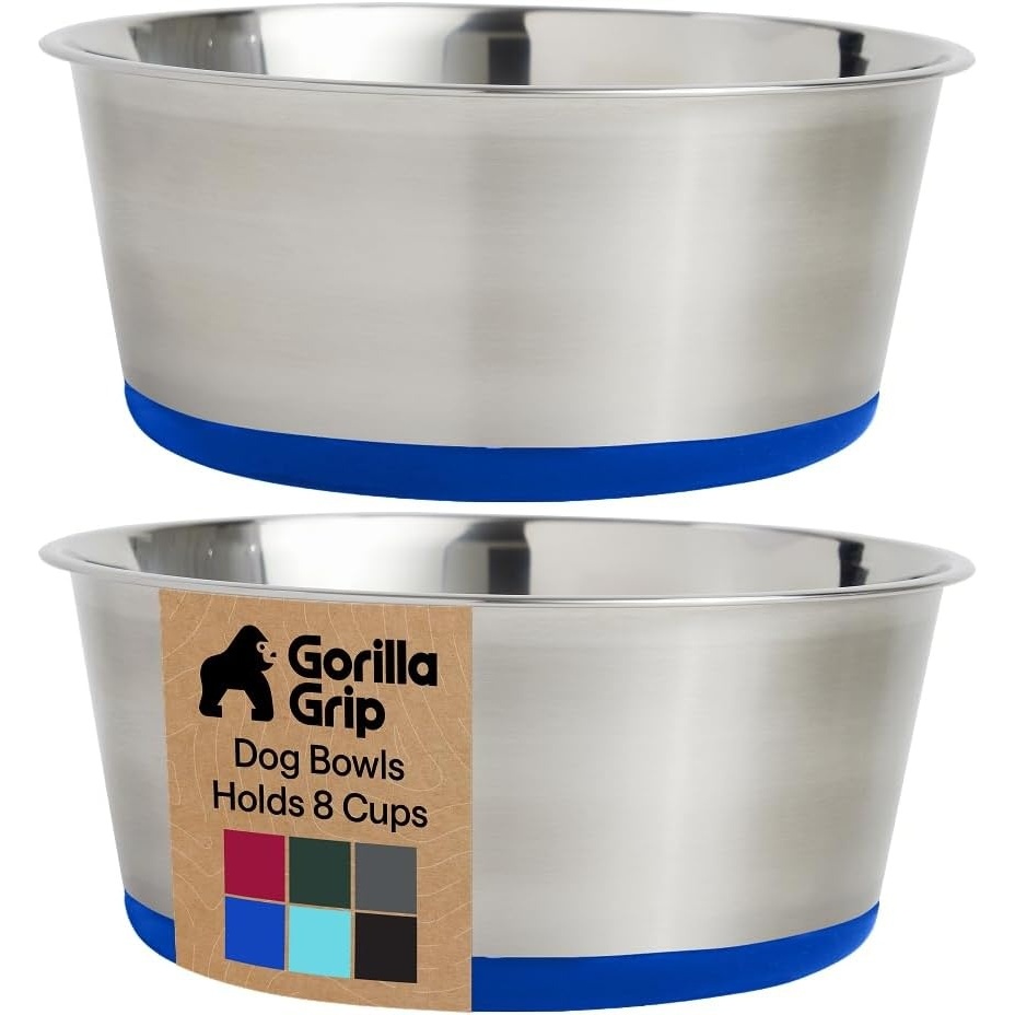 image:imageGORILLA GRIP Dog Bowls Food Grade 304 Stainless Steel Holds 2 Cups Each 16 fl oz Food and Water Bowl for Feeding Dogs and Cats Dishwasher Safe Rust Resistant BPA Free Rubber Base Set of 2 BlackRoyal Blue