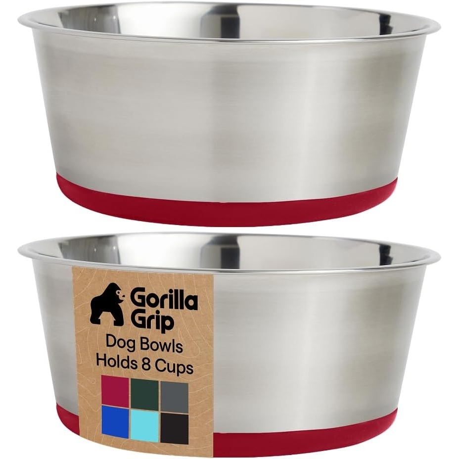 image:imageGORILLA GRIP Dog Bowls Food Grade 304 Stainless Steel Holds 2 Cups Each 16 fl oz Food and Water Bowl for Feeding Dogs and Cats Dishwasher Safe Rust Resistant BPA Free Rubber Base Set of 2 BlackRed