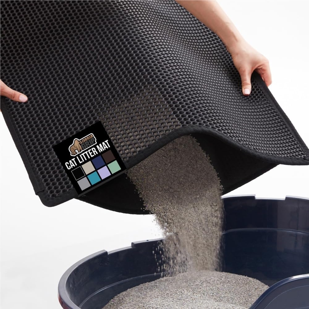 image:imageGORILLA GRIP Honeycomb Cat Litter Box Mat Two Layer Trapping Waste Mats Soft On Paws Litter Box Supplies and Essentials for Indoor Cats Traps Excess Water Resistant for Floors 24x15 GrayBlack