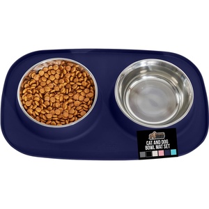 image:imageGORILLA GRIP Feeding Mat Bowl Set 100 Waterproof BPA Free Silicone Base 304 Stainless Steel Cat and Dog Bowls for Food and Water Slip Resistant High Edge US Designed Patent Pending 2 Cup GrayNavy