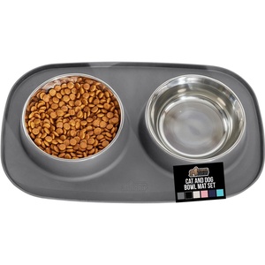 image:imageGORILLA GRIP Feeding Mat Bowl Set 100 Waterproof BPA Free Silicone Base 304 Stainless Steel Cat and Dog Bowls for Food and Water Slip Resistant High Edge US Designed Patent Pending 2 Cup GrayGray