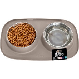 image:imageGORILLA GRIP Feeding Mat Bowl Set 100 Waterproof BPA Free Silicone Base 304 Stainless Steel Cat and Dog Bowls for Food and Water Slip Resistant High Edge US Designed Patent Pending 2 Cup GrayBeige