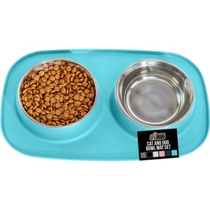 image:imageGORILLA GRIP Feeding Mat Bowl Set 100 Waterproof BPA Free Silicone Base 304 Stainless Steel Cat and Dog Bowls for Food and Water Slip Resistant High Edge US Designed Patent Pending 2 Cup GrayTurquoise