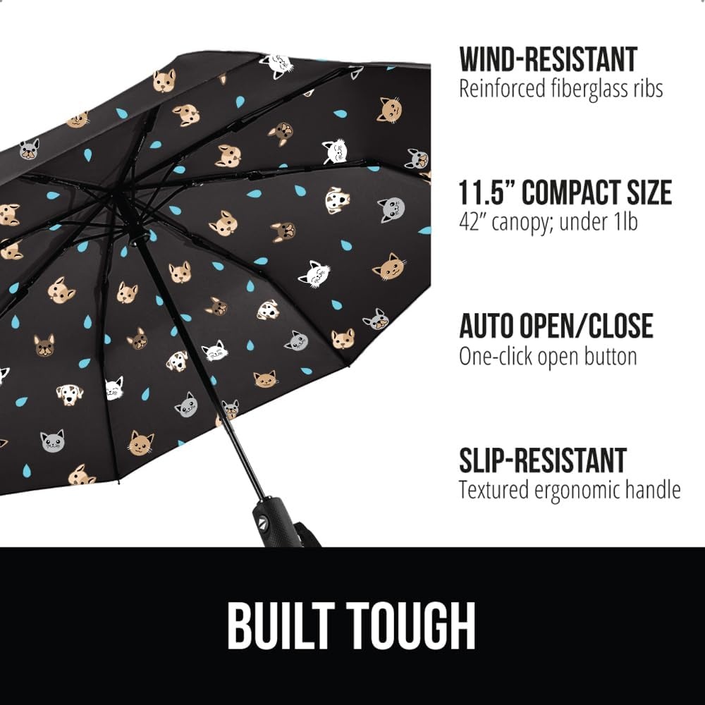 image:imageGORILLA GRIP Compact Travel Size Umbrella for Rain Sleek Design Fits Backpack Purse and Carry On Lightweight Under 1lb One Click Open and Close Wind Resistant Durable Waterproof Quick Dry BlackCats Dogs