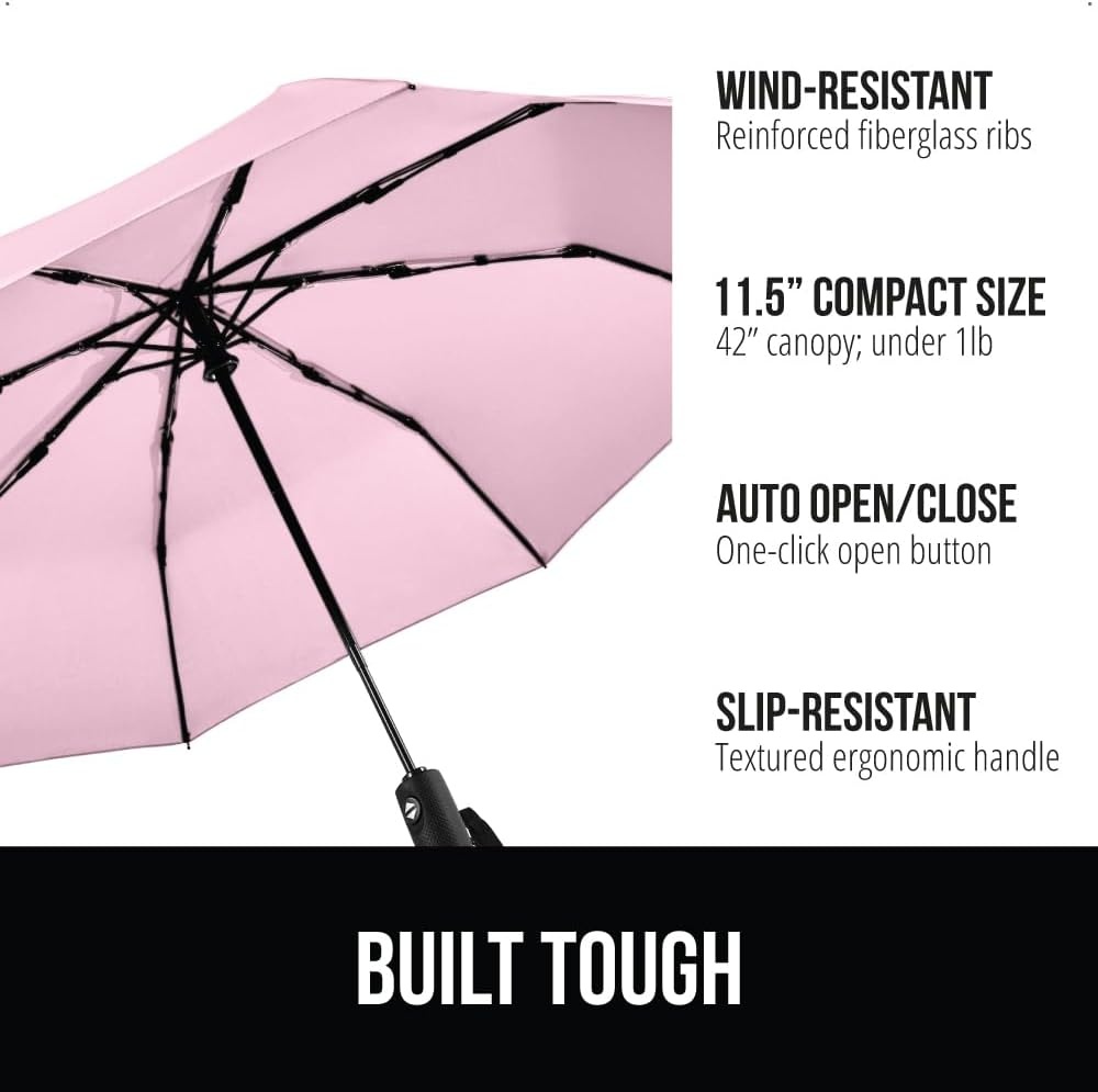 image:imageGORILLA GRIP Compact Travel Size Umbrella for Rain Sleek Design Fits Backpack Purse and Carry On Lightweight Under 1lb One Click Open and Close Wind Resistant Durable Waterproof Quick Dry BlackPink
