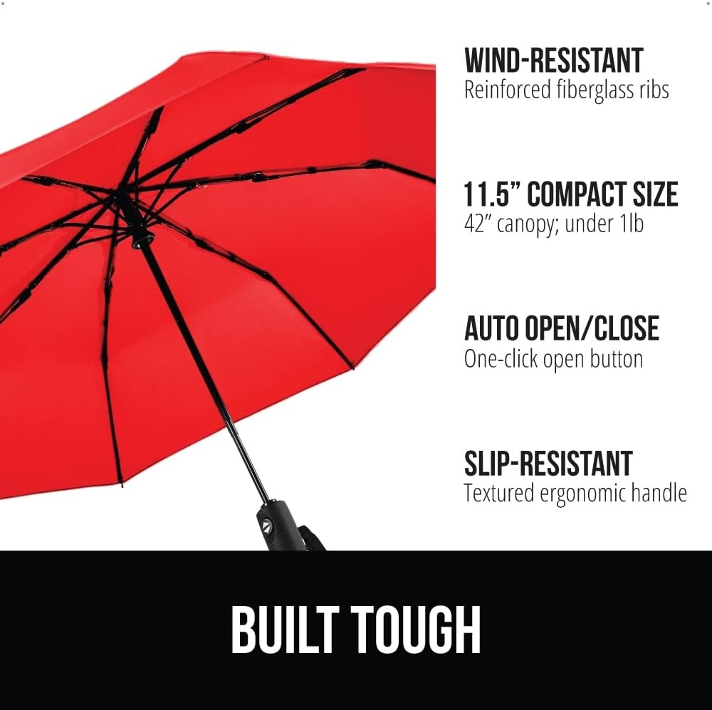 image:imageGORILLA GRIP Compact Travel Size Umbrella for Rain Sleek Design Fits Backpack Purse and Carry On Lightweight Under 1lb One Click Open and Close Wind Resistant Durable Waterproof Quick Dry BlackRed