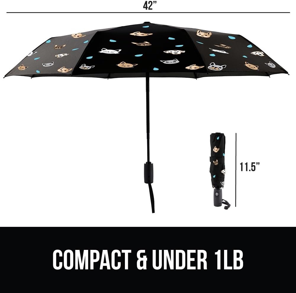 image:imageGORILLA GRIP Compact Travel Size Umbrella for Rain Sleek Design Fits Backpack Purse and Carry On Lightweight Under 1lb One Click Open and Close Wind Resistant Durable Waterproof Quick Dry BlackCats Dogs