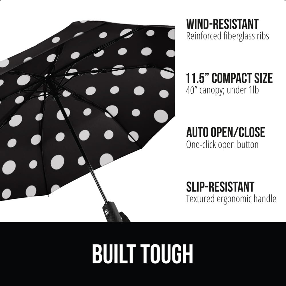 image:imageGORILLA GRIP Compact Travel Size Umbrella for Rain Sleek Design Fits Backpack Purse and Carry On Lightweight Under 1lb One Click Open and Close Wind Resistant Durable Waterproof Quick Dry BlackPolka Dots