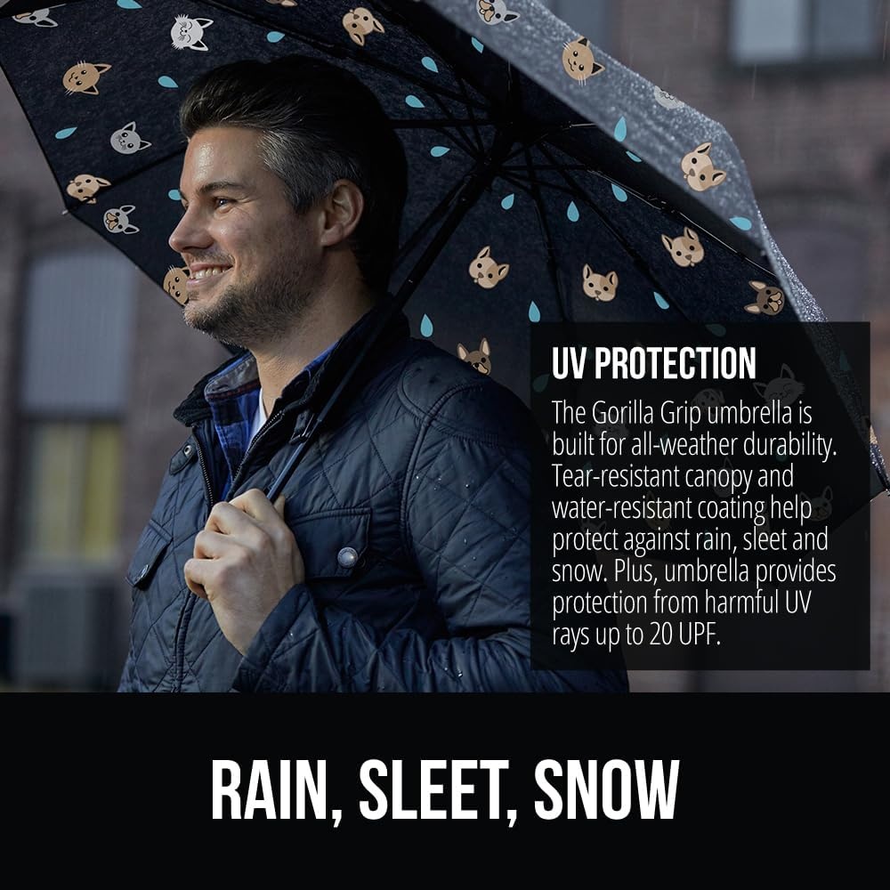 image:imageGORILLA GRIP Compact Travel Size Umbrella for Rain Sleek Design Fits Backpack Purse and Carry On Lightweight Under 1lb One Click Open and Close Wind Resistant Durable Waterproof Quick Dry BlackCats Dogs