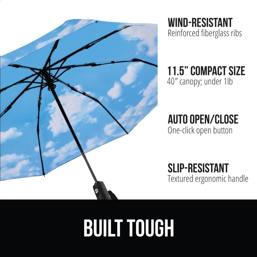 image:imageGORILLA GRIP Compact Travel Size Umbrella for Rain Sleek Design Fits Backpack Purse and Carry On Lightweight Under 1lb One Click Open and Close Wind Resistant Durable Waterproof Quick Dry BlackSky Blue Clouds