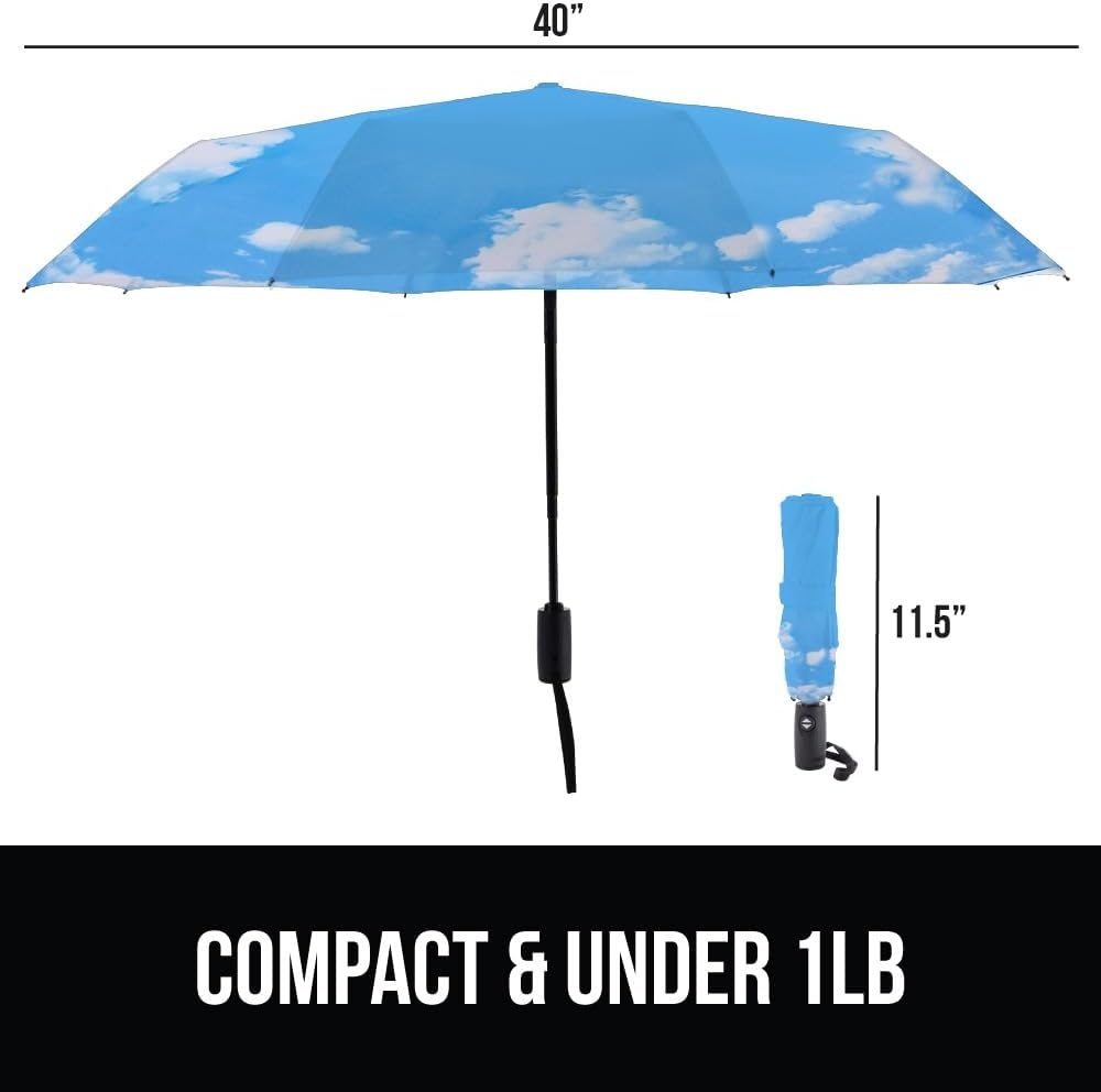 image:imageGORILLA GRIP Compact Travel Size Umbrella for Rain Sleek Design Fits Backpack Purse and Carry On Lightweight Under 1lb One Click Open and Close Wind Resistant Durable Waterproof Quick Dry BlackSky Blue Clouds