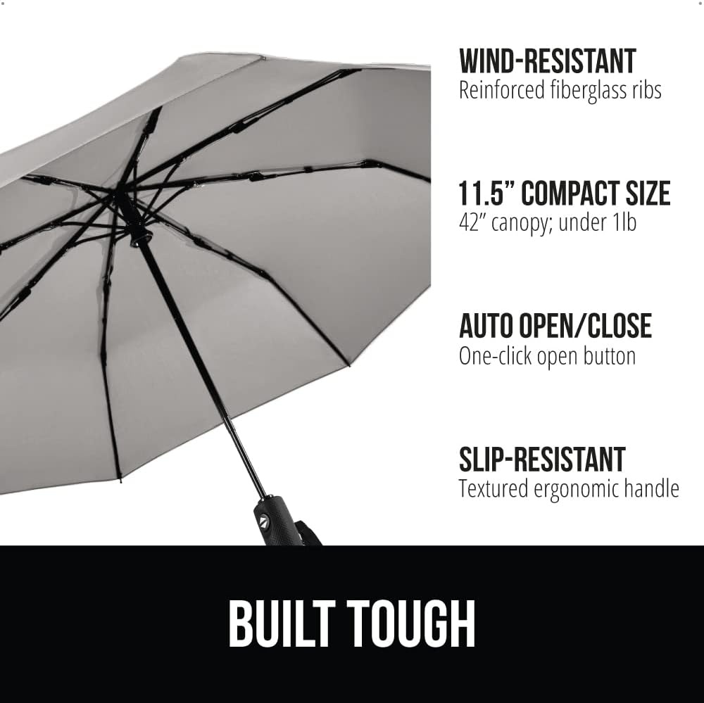 image:imageGORILLA GRIP Compact Travel Size Umbrella for Rain Sleek Design Fits Backpack Purse and Carry On Lightweight Under 1lb One Click Open and Close Wind Resistant Durable Waterproof Quick Dry BlackGray
