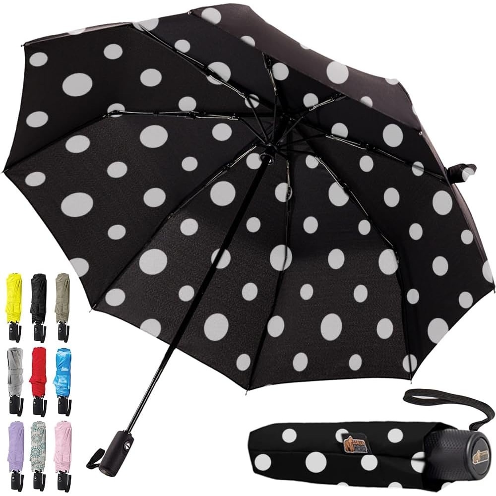 image:imageGORILLA GRIP Compact Travel Size Umbrella for Rain Sleek Design Fits Backpack Purse and Carry On Lightweight Under 1lb One Click Open and Close Wind Resistant Durable Waterproof Quick Dry BlackPolka Dots