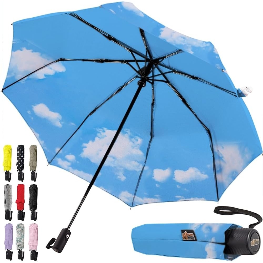 image:imageGORILLA GRIP Compact Travel Size Umbrella for Rain Sleek Design Fits Backpack Purse and Carry On Lightweight Under 1lb One Click Open and Close Wind Resistant Durable Waterproof Quick Dry BlackSky Blue Clouds