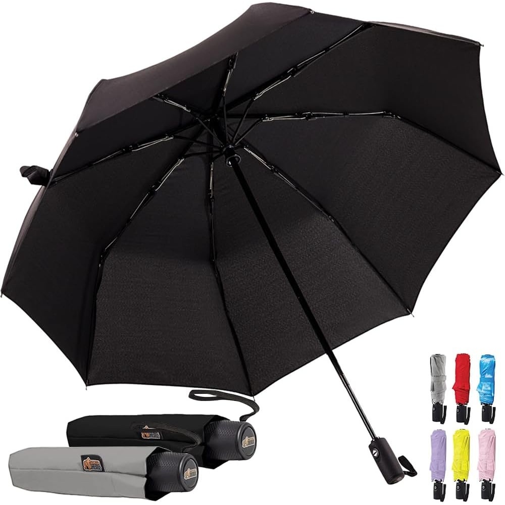 image:imageGORILLA GRIP Compact Travel Size Umbrella for Rain Sleek Design Fits Backpack Purse and Carry On Lightweight Under 1lb One Click Open and Close Wind Resistant Durable Waterproof Quick Dry BlackGray Black