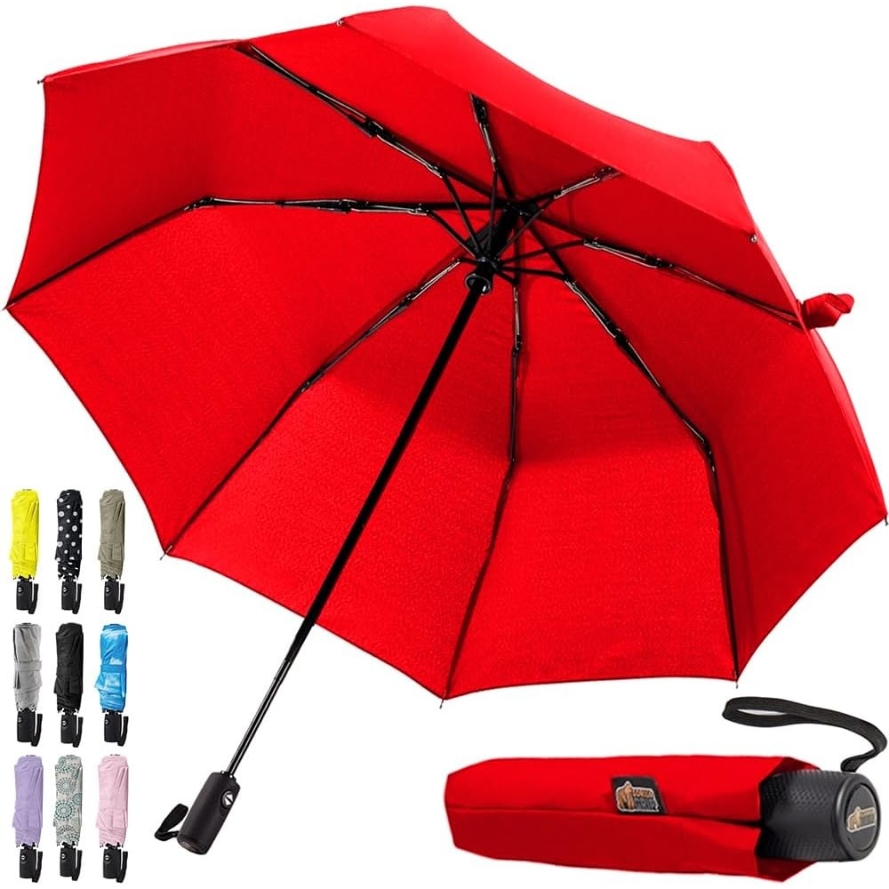 image:imageGORILLA GRIP Compact Travel Size Umbrella for Rain Sleek Design Fits Backpack Purse and Carry On Lightweight Under 1lb One Click Open and Close Wind Resistant Durable Waterproof Quick Dry BlackRed