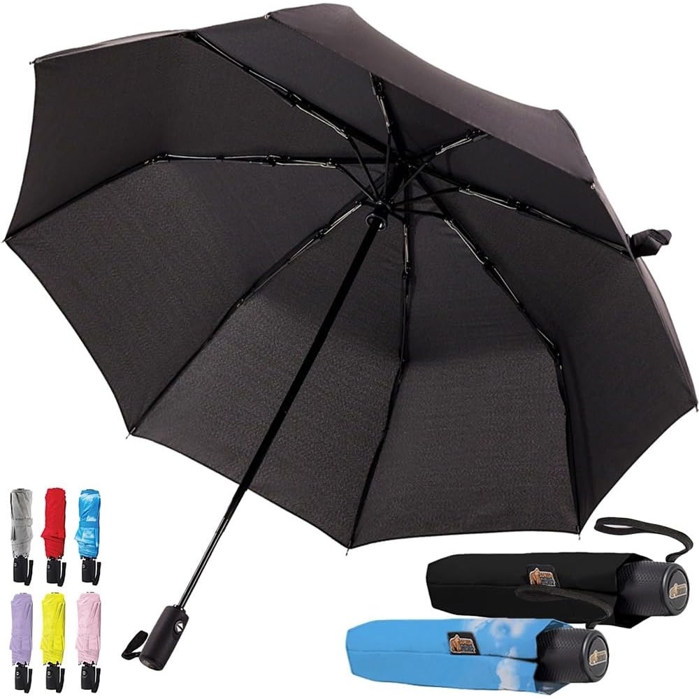 image:imageGORILLA GRIP Compact Travel Size Umbrella for Rain Sleek Design Fits Backpack Purse and Carry On Lightweight Under 1lb One Click Open and Close Wind Resistant Durable Waterproof Quick Dry BlackSky Blue Clouds Black