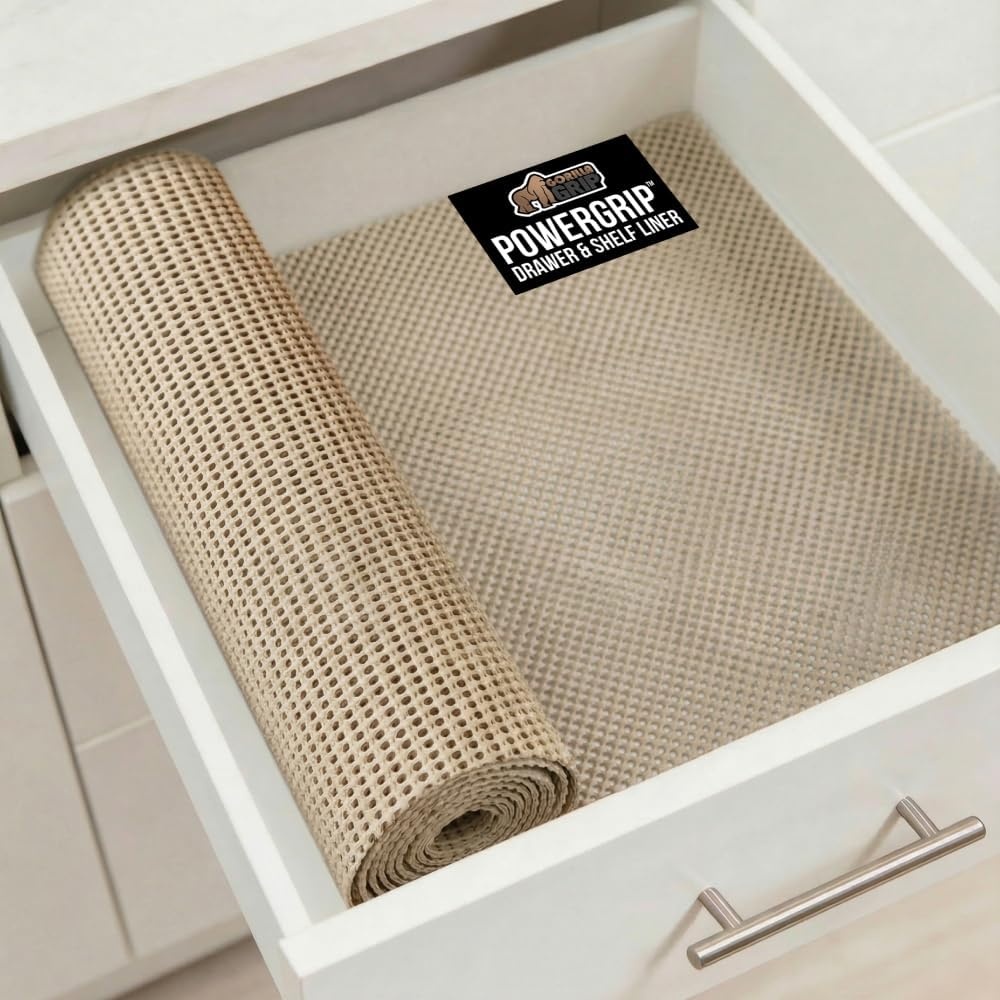 image:imageGORILLA GRIP powerGRIP Drawer Shelf and Cabinet Liner Thick Strong Hold NonAdhesive Liners Protect Kitchen Cabinets and Cupboard Bathroom Drawers Easy Install Breathable Mat 12 x10 BeigeBeige
