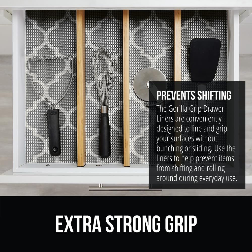 image:imageGORILLA GRIP powerGRIP Drawer Shelf and Cabinet Liner Thick Strong Hold NonAdhesive Liners Protect Kitchen Cabinets and Cupboard Bathroom Drawers Easy Install Breathable Mat 12 x10 BeigeQuatrefoil GrayWhite