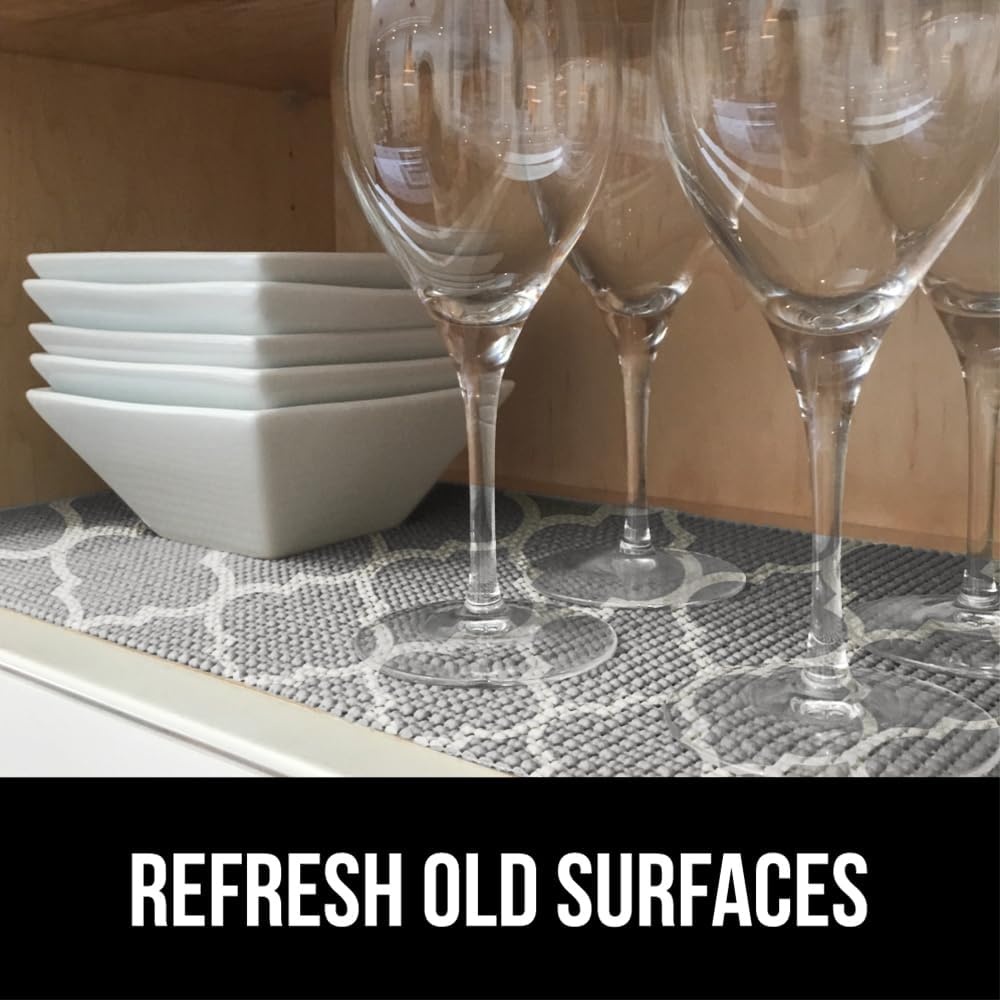 image:imageGORILLA GRIP powerGRIP Drawer Shelf and Cabinet Liner Thick Strong Hold NonAdhesive Liners Protect Kitchen Cabinets and Cupboard Bathroom Drawers Easy Install Breathable Mat 12 x10 BeigeQuatrefoil GrayWhite