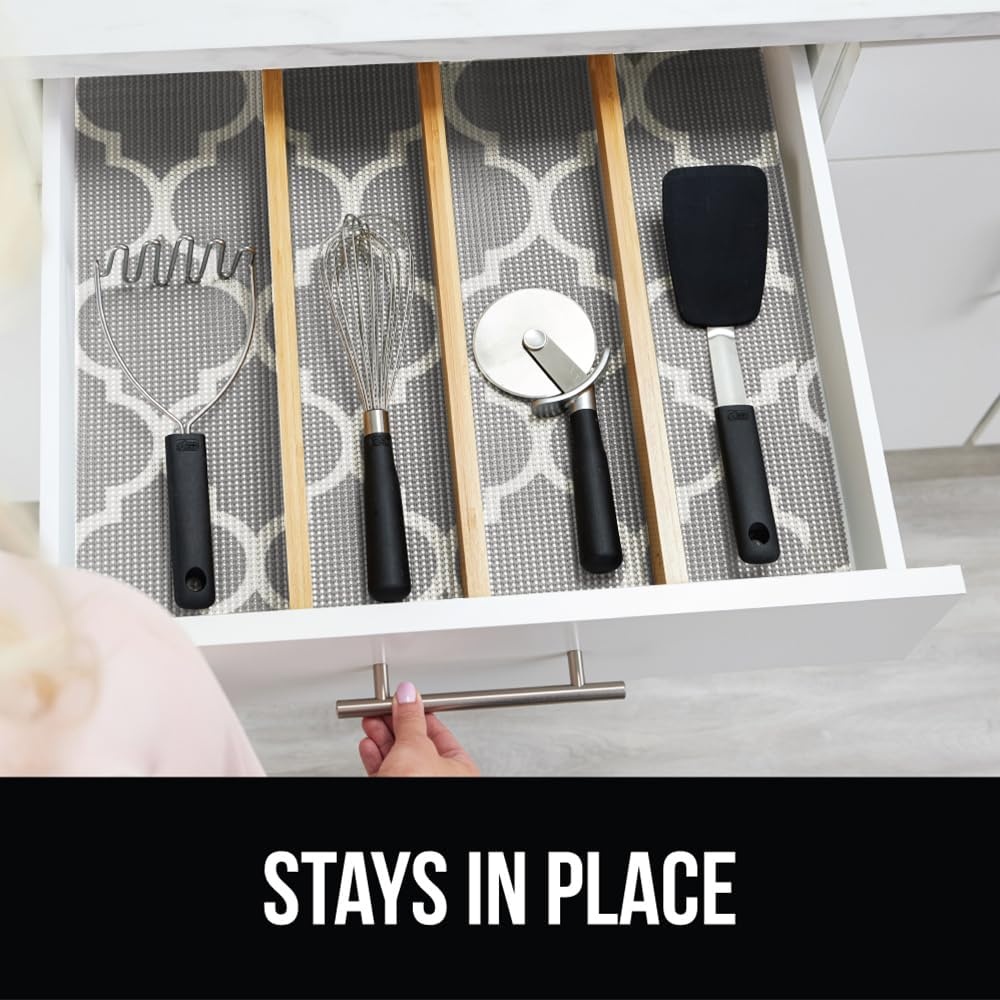 image:imageGORILLA GRIP powerGRIP Drawer Shelf and Cabinet Liner Thick Strong Hold NonAdhesive Liners Protect Kitchen Cabinets and Cupboard Bathroom Drawers Easy Install Breathable Mat 12 x10 BeigeQuatrefoil GrayWhite