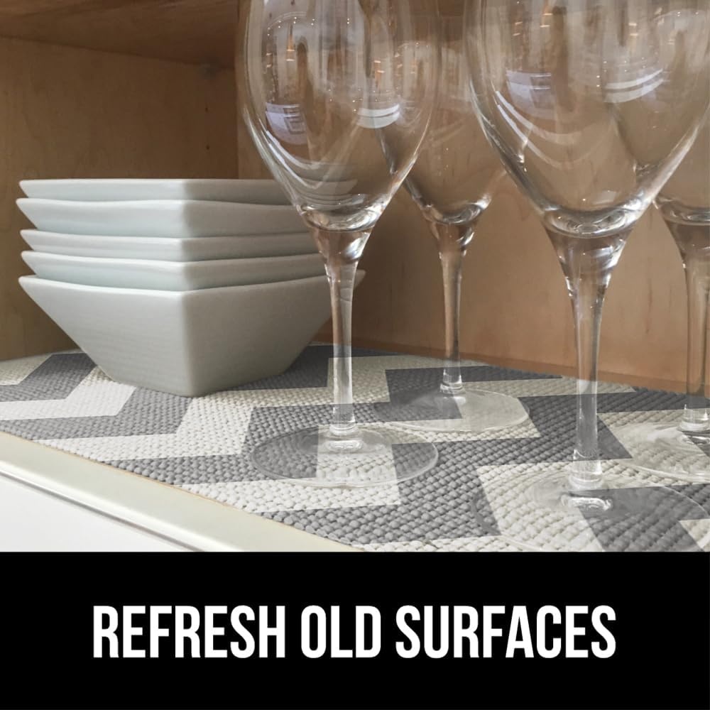 image:imageGORILLA GRIP powerGRIP Drawer Shelf and Cabinet Liner Thick Strong Hold NonAdhesive Liners Protect Kitchen Cabinets and Cupboard Bathroom Drawers Easy Install Breathable Mat 12 x10 BeigeChevron GrayWhite