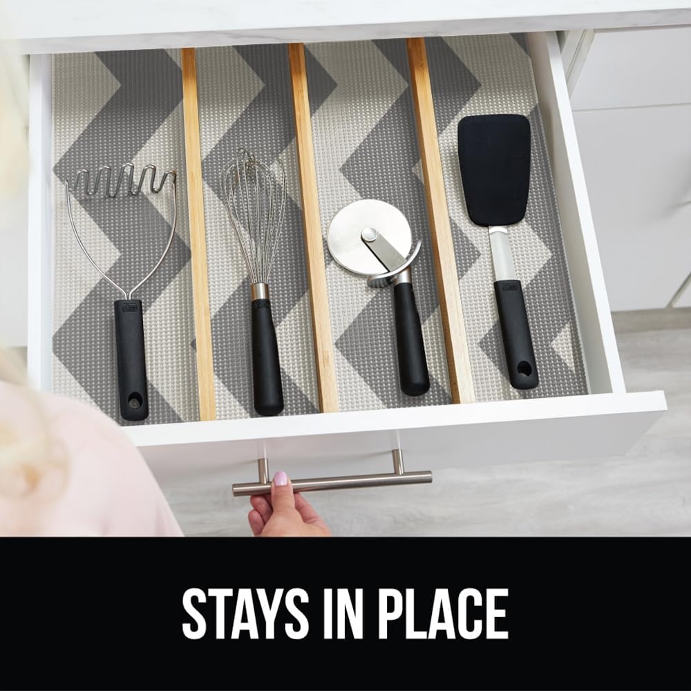 image:imageGORILLA GRIP powerGRIP Drawer Shelf and Cabinet Liner Thick Strong Hold NonAdhesive Liners Protect Kitchen Cabinets and Cupboard Bathroom Drawers Easy Install Breathable Mat 12 x10 BeigeChevron GrayWhite