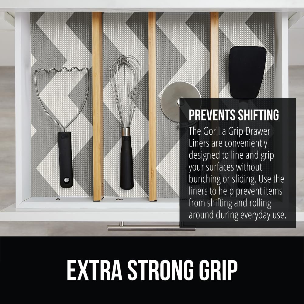 image:imageGORILLA GRIP powerGRIP Drawer Shelf and Cabinet Liner Thick Strong Hold NonAdhesive Liners Protect Kitchen Cabinets and Cupboard Bathroom Drawers Easy Install Breathable Mat 12 x10 BeigeChevron GrayWhite