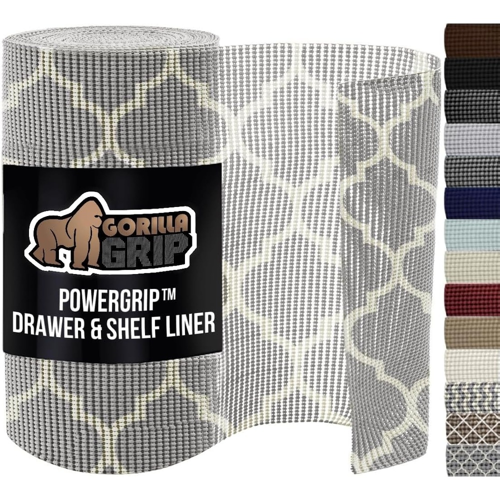 image:imageGORILLA GRIP powerGRIP Drawer Shelf and Cabinet Liner Thick Strong Hold NonAdhesive Liners Protect Kitchen Cabinets and Cupboard Bathroom Drawers Easy Install Breathable Mat 12 x10 BeigeQuatrefoil GrayWhite