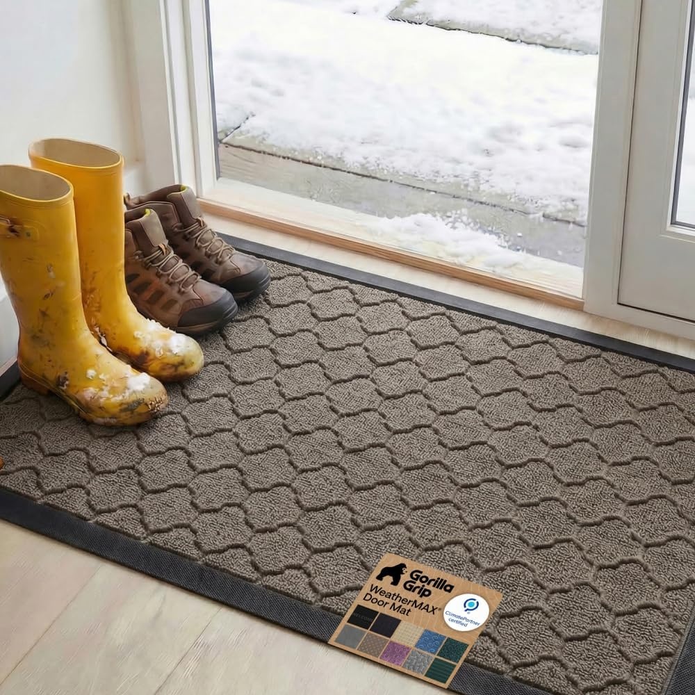 image:imageGORILLA GRIP 100 Waterproof AllSeason WeatherMAX Doormat US Designed Natural Rubber Stain Fade Resistant Low Profile Indoor Outdoor Door Mats Easy Clean 29x17 Gray DiamondLatte Quatrefoil