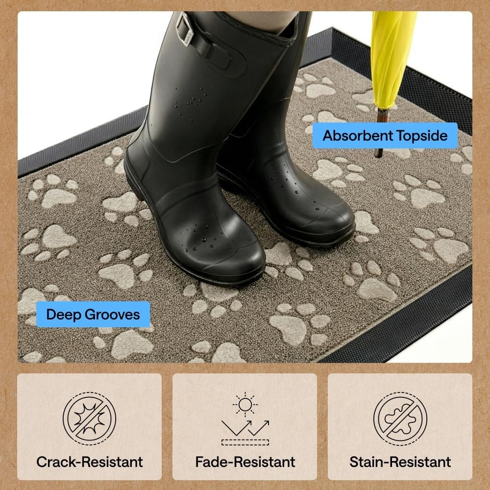 image:imageGORILLA GRIP 100 Waterproof AllSeason WeatherMAX Doormat US Designed Natural Rubber Stain Fade Resistant Low Profile Indoor Outdoor Door Mats Easy Clean 29x17 Gray DiamondTan Pawprints