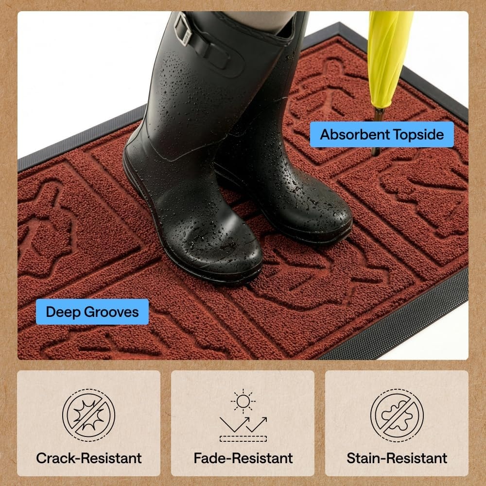 image:imageGORILLA GRIP 100 Waterproof AllSeason WeatherMAX Doormat US Designed Natural Rubber Stain Fade Resistant Low Profile Indoor Outdoor Door Mats Easy Clean 29x17 Gray DiamondBurgundy Leaves