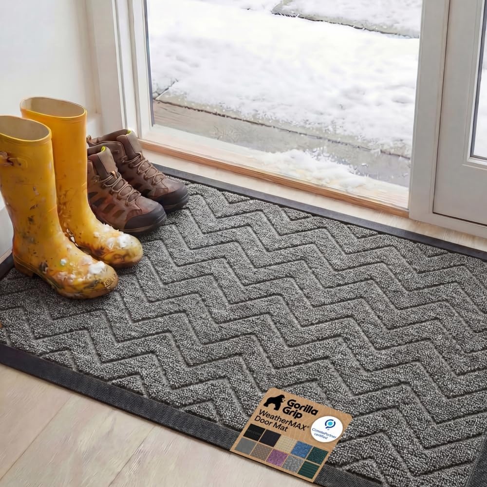 image:imageGORILLA GRIP 100 Waterproof AllSeason WeatherMAX Doormat US Designed Natural Rubber Stain Fade Resistant Low Profile Indoor Outdoor Door Mats Easy Clean 29x17 Gray DiamondSteel Chevron