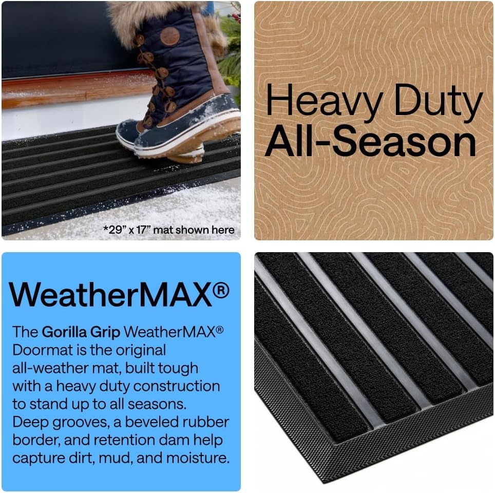 image:imageGORILLA GRIP 100 Waterproof AllSeason WeatherMAX Doormat US Designed Natural Rubber Stain Fade Resistant Low Profile Indoor Outdoor Door Mats Easy Clean 29x17 Gray DiamondBlack Stripe