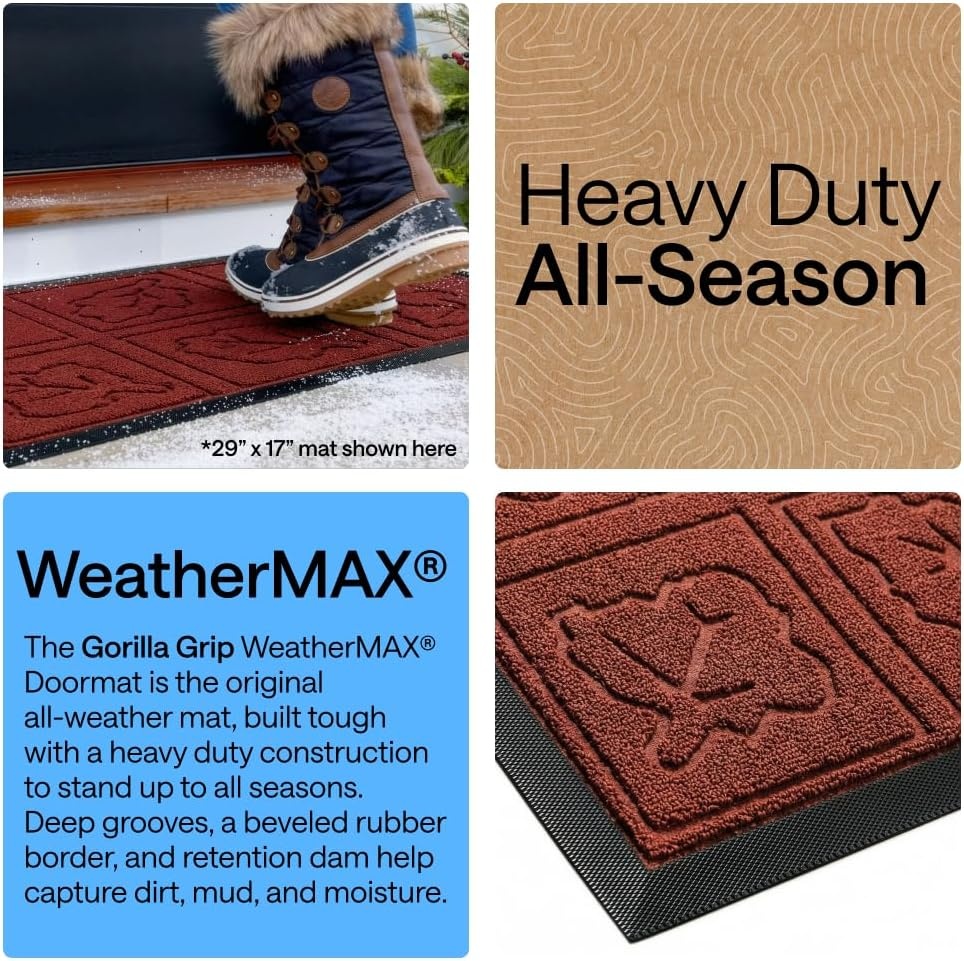 image:imageGORILLA GRIP 100 Waterproof AllSeason WeatherMAX Doormat US Designed Natural Rubber Stain Fade Resistant Low Profile Indoor Outdoor Door Mats Easy Clean 29x17 Gray DiamondBurgundy Leaves