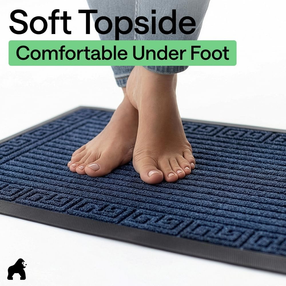 image:imageGORILLA GRIP 100 Waterproof AllSeason WeatherMAX Doormat US Designed Natural Rubber Stain Fade Resistant Low Profile Indoor Outdoor Door Mats Easy Clean 29x17 Gray DiamondNavy Greek Keys