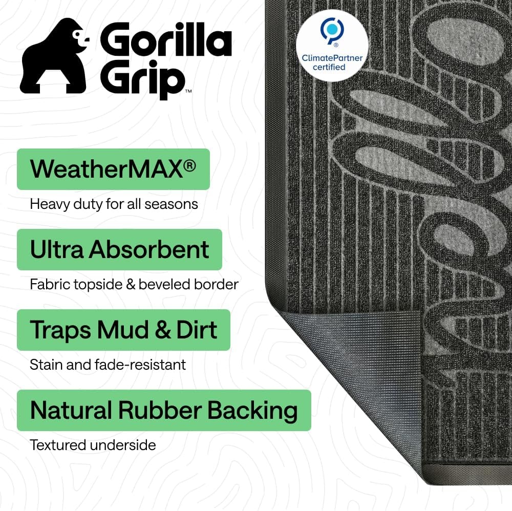 image:imageGORILLA GRIP 100 Waterproof AllSeason WeatherMAX Doormat US Designed Natural Rubber Stain Fade Resistant Low Profile Indoor Outdoor Door Mats Easy Clean 29x17 Gray DiamondCharcoal Hello