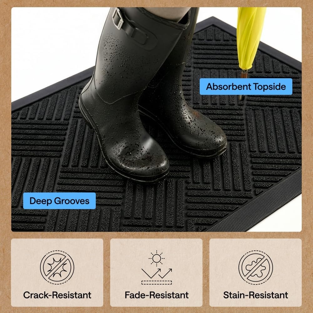 image:imageGORILLA GRIP 100 Waterproof AllSeason WeatherMAX Doormat US Designed Natural Rubber Stain Fade Resistant Low Profile Indoor Outdoor Door Mats Easy Clean 29x17 Gray DiamondBlack Diamond