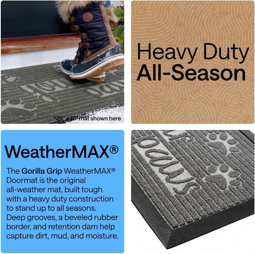 image:imageGORILLA GRIP 100 Waterproof AllSeason WeatherMAX Doormat US Designed Natural Rubber Stain Fade Resistant Low Profile Indoor Outdoor Door Mats Easy Clean 29x17 Gray DiamondStone Paws