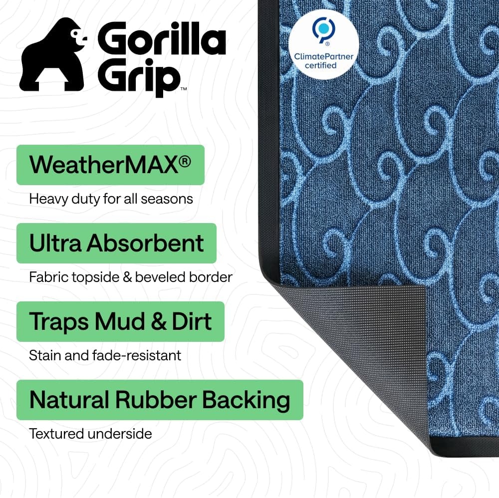 image:imageGORILLA GRIP 100 Waterproof AllSeason WeatherMAX Doormat US Designed Natural Rubber Stain Fade Resistant Low Profile Indoor Outdoor Door Mats Easy Clean 29x17 Gray DiamondOcean Blue Waves