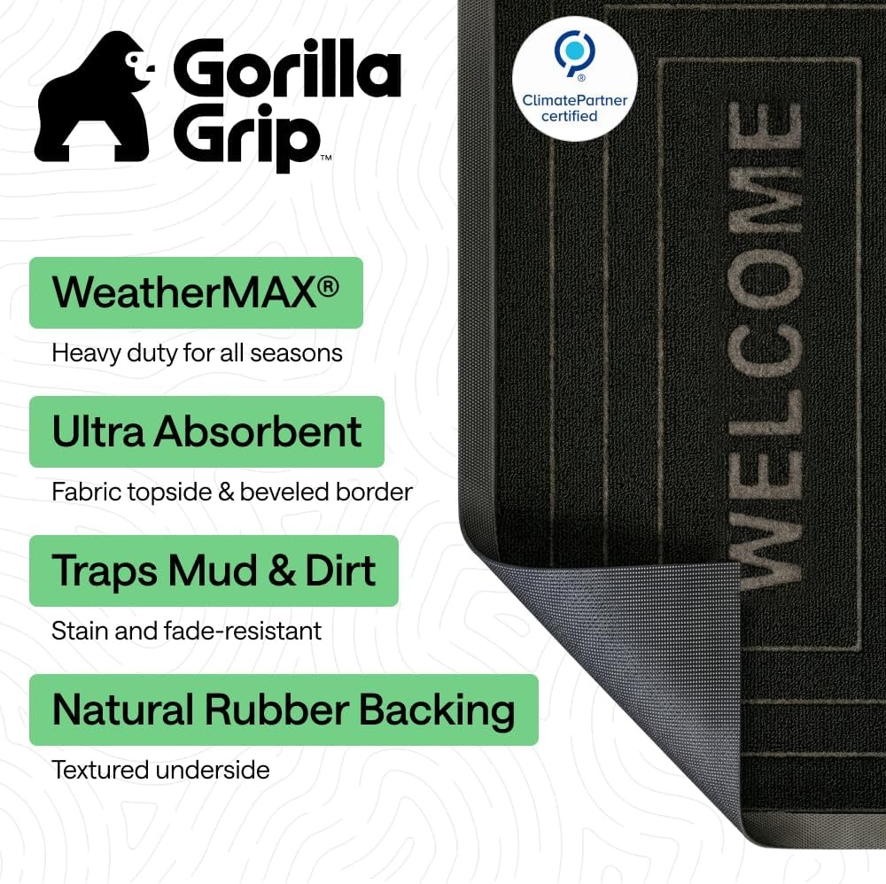 image:imageGORILLA GRIP 100 Waterproof AllSeason WeatherMAX Doormat US Designed Natural Rubber Stain Fade Resistant Low Profile Indoor Outdoor Door Mats Easy Clean 29x17 Gray DiamondBlack Welcome
