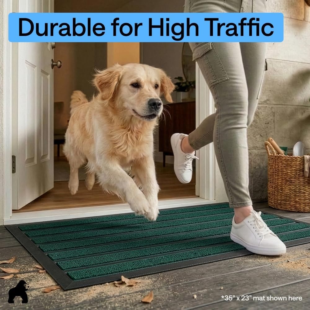 image:imageGORILLA GRIP 100 Waterproof AllSeason WeatherMAX Doormat US Designed Natural Rubber Stain Fade Resistant Low Profile Indoor Outdoor Door Mats Easy Clean 29x17 Gray DiamondGreen Stripe