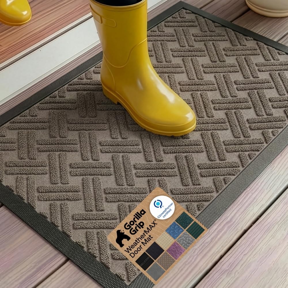 image:imageGORILLA GRIP 100 Waterproof AllSeason WeatherMAX Doormat US Designed Natural Rubber Stain Fade Resistant Low Profile Indoor Outdoor Door Mats Easy Clean 29x17 Gray DiamondTaupe Basket Weave