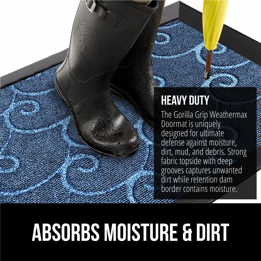image:imageGORILLA GRIP 100 Waterproof AllSeason WeatherMAX Doormat US Designed Natural Rubber Stain Fade Resistant Low Profile Indoor Outdoor Door Mats Easy Clean 29x17 Gray DiamondOcean Blue Waves
