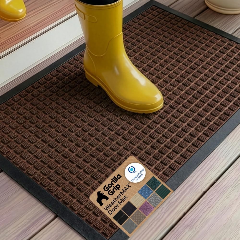 image:imageGORILLA GRIP 100 Waterproof AllSeason WeatherMAX Doormat US Designed Natural Rubber Stain Fade Resistant Low Profile Indoor Outdoor Door Mats Easy Clean 29x17 Gray DiamondCoffee Squares