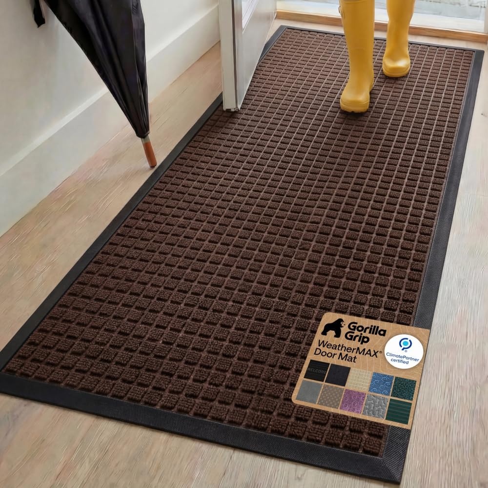 image:imageGORILLA GRIP 100 Waterproof AllSeason WeatherMAX Doormat US Designed Natural Rubber Stain Fade Resistant Low Profile Indoor Outdoor Door Mats Easy Clean 29x17 Gray DiamondCoffee Squares